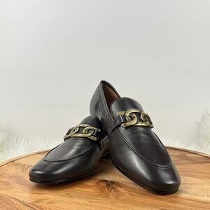 Mila Women's Dark Brown Leather Loafers Size 7 Gold Chain Accent New‎